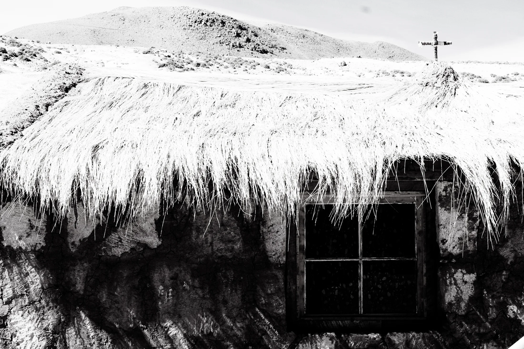A weathered thatched house in the Atacama landscape